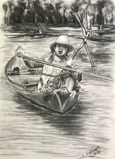 Drawing titled "На озере Тонлесап" by Sergei Sokolov, Original Artwork, Charcoal