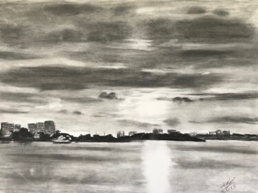 Рисунок под названием "Закат на реке" - Сергей Соколов, Подлинное произведение искусства, Древесный уголь