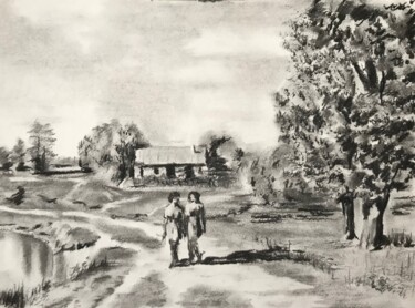 Drawing titled "Прогулка" by Sergei Sokolov, Original Artwork, Charcoal