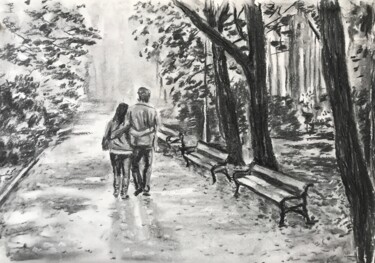 Рисунок под названием "Утро в парке" - Сергей Соколов, Подлинное произведение искусства, Древесный уголь