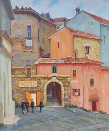 Painting titled "Городок Аква-Спарта…" by Sergei Iurevich Gusev, Original Artwork, Oil Mounted on Wood Stretcher frame