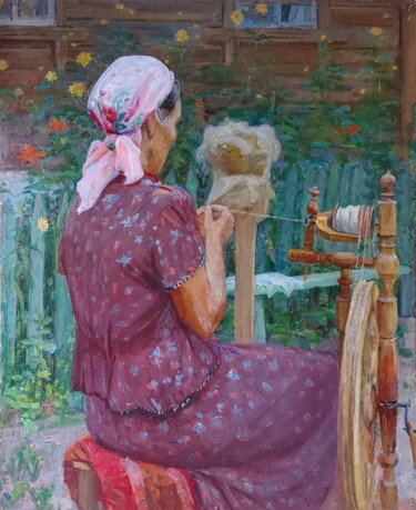 Schilderij getiteld "Прабабушкина прялка" door Sergei Iurevich Gusev, Origineel Kunstwerk, Olie