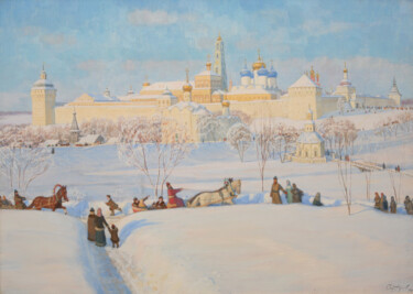 Painting titled "Зимние забавы" by Sergei Iurevich Gusev, Original Artwork, Oil Mounted on Wood Stretcher frame