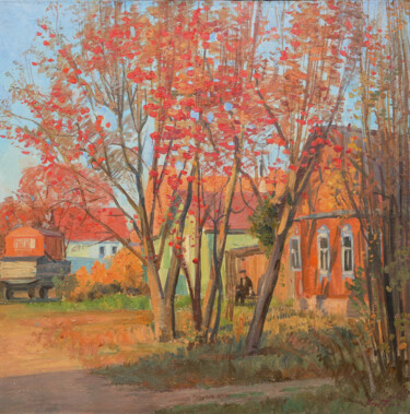 Painting titled "Осенний костёр" by Sergei Iurevich Gusev, Original Artwork, Oil Mounted on Wood Stretcher frame