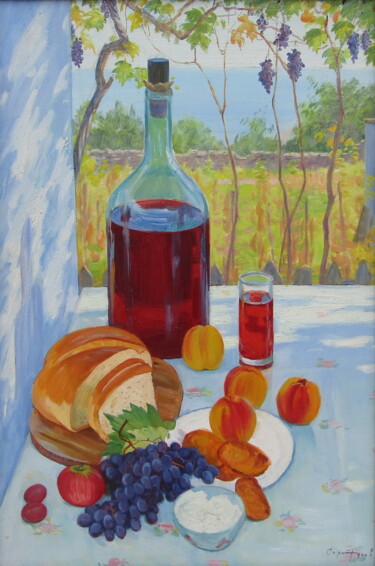 绘画 标题为“В тени винограда” 由Сергей Юрьевич Гусев, 原创艺术品, 油 安装在木质担架架上