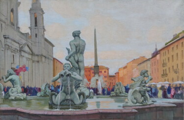 Painting titled "Piazza Navona (Пьяц…" by Sergei Iurevich Gusev, Original Artwork, Oil Mounted on Wood Stretcher frame