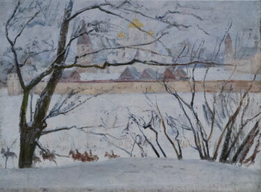 Painting titled "Снежный день" by Sergei Iurevich Gusev, Original Artwork, Oil Mounted on Wood Stretcher frame