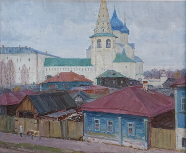 Painting titled "Старая улочка" by Sergei Iurevich Gusev, Original Artwork, Oil Mounted on Wood Stretcher frame