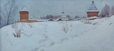 Painting titled "Оттепель. Март" by Sergei Iurevich Gusev, Original Artwork, Oil Mounted on Wood Stretcher frame