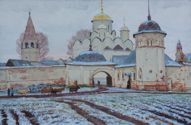 Painting titled "Первый снег" by Sergei Iurevich Gusev, Original Artwork, Oil Mounted on Wood Stretcher frame