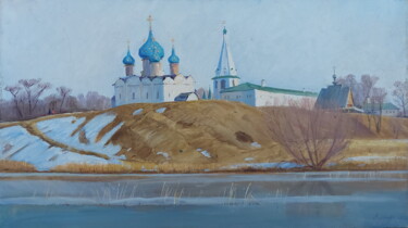 Schilderij getiteld "Тихий апрель" door Sergei Iurevich Gusev, Origineel Kunstwerk, Olie Gemonteerd op Frame voor houten bra…