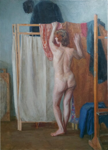 Painting titled "Обнаженная. Учебная…" by Sergei Iurevich Gusev, Original Artwork, Oil Mounted on Wood Stretcher frame