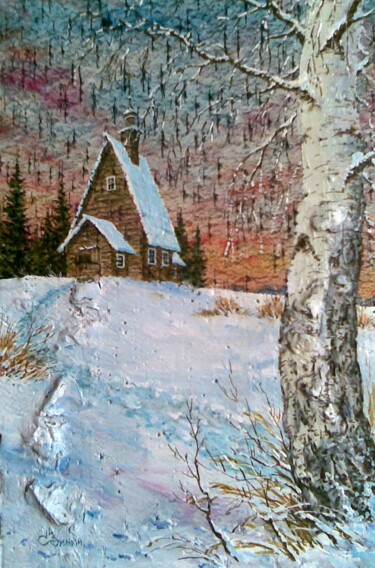Картина под названием "Зимний вечер" - Сергей Зинин, Подлинное произведение искусства, Масло