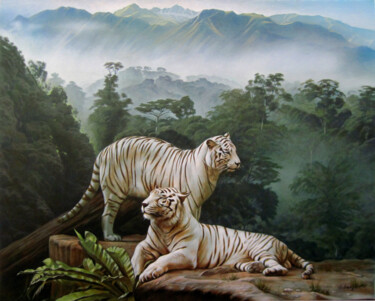 Painting titled "White tigers" by Sergey And Vera, Original Artwork, Oil