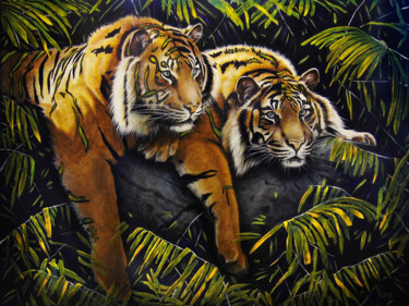Painting titled "Brothers - Tigers" by Sergey And Vera, Original Artwork, Oil Mounted on Wood Stretcher frame