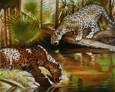 Painting titled "Watering hole" by Sergey And Vera, Original Artwork, Oil Mounted on Wood Stretcher frame