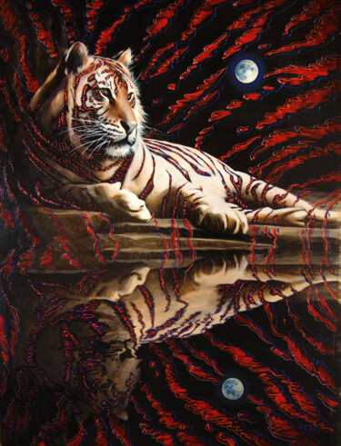 Painting titled "Reflections of a ti…" by Sergey And Vera, Original Artwork, Oil Mounted on Wood Stretcher frame