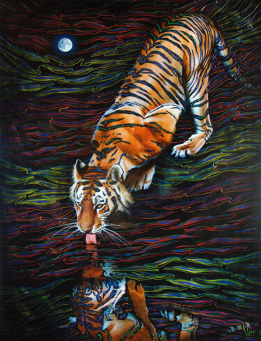 Painting titled "Waterhole" by Sergey And Vera, Original Artwork, Oil Mounted on Wood Stretcher frame