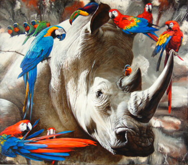 Painting titled "Rhinoceros" by Sergey And Vera, Original Artwork, Acrylic Mounted on Wood Stretcher frame