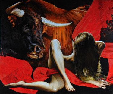 Painting titled "Corrida" by Sergey And Vera, Original Artwork, Oil Mounted on Wood Stretcher frame