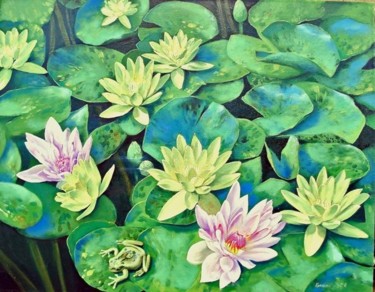 Painting titled "water lillies" by Sergey Kolodyazhniy, Original Artwork, Oil