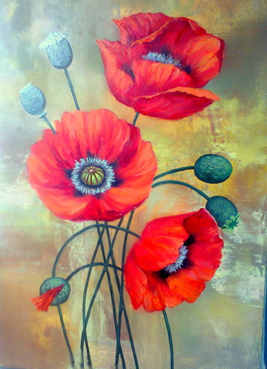 Painting titled "Red poppy" by Sergey Kolodyazhniy, Original Artwork, Oil Mounted on Wood Stretcher frame