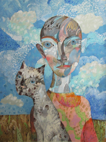 Pittura intitolato "Boy with Cat" da Sergey Kostin, Opera d'arte originale, Acrilico