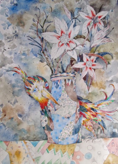 Painting titled "Dyed Bird" by Sergey Kostin, Original Artwork, Watercolor