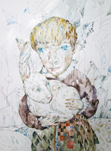 Painting titled "Boy with Rabbit" by Sergey Kostin, Original Artwork, Watercolor