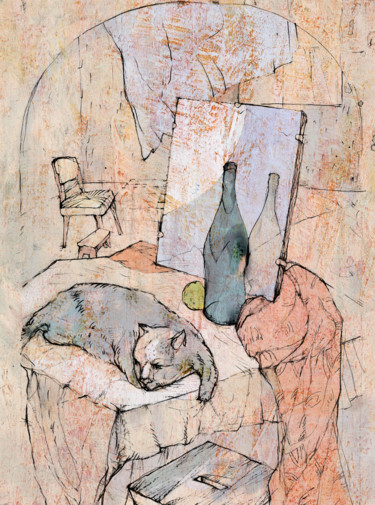 Gravures & estampes intitulée "Calm Village Cat" par Sergey Kostin, Œuvre d'art originale, Crayon