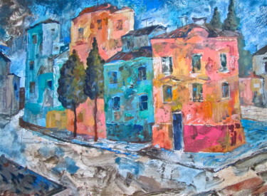 Painting titled "Small Town2 red" by Sergey Kostin, Original Artwork, Tempera