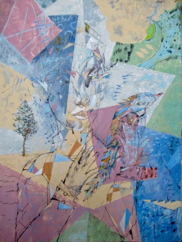 Pittura intitolato "Young Man with Bird" da Sergey Kostin, Opera d'arte originale, Acrilico