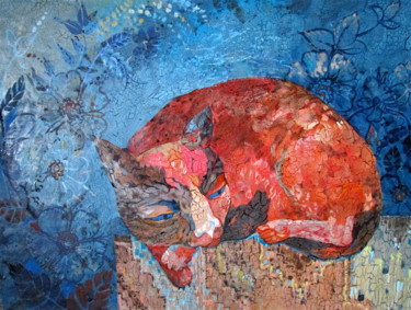 Malerei mit dem Titel "Red Cat in the Gard…" von Sergey Kostin, Original-Kunstwerk, Acryl