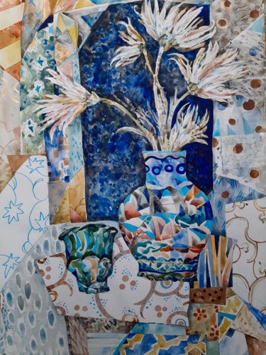 Peinture intitulée "White Flowers in Va…" par Sergey Kostin, Œuvre d'art originale, Aquarelle
