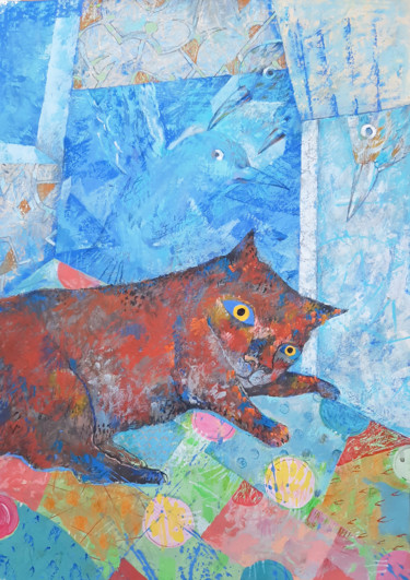 「Dreaming Red Cat」というタイトルの絵画 Sergey Kostinによって, オリジナルのアートワーク, アクリル