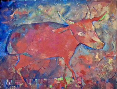 Malarstwo zatytułowany „Red Taurus” autorstwa Sergey Kostin, Oryginalna praca, Tempera
