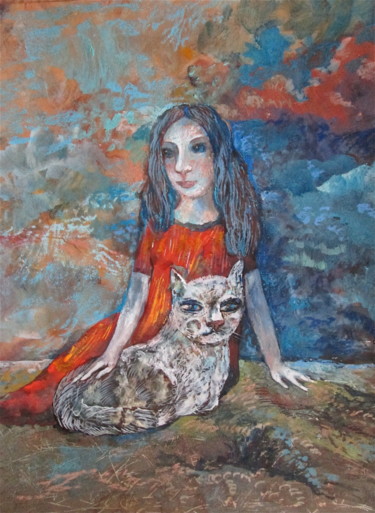 Картина под названием "Girl and White Cat" - Sergey Kostin, Подлинное произведение искусства, Акварель