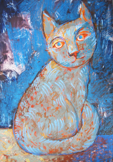 Painting titled "Blue Cat" by Sergey Kostin, Original Artwork, Acrylic