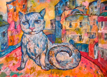 Schilderij getiteld "Cat in Red Town" door Sergey Kostin, Origineel Kunstwerk, Tempera