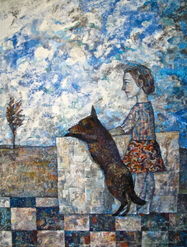 Painting titled "Girl and Dog" by Sergey Kostin, Original Artwork, Acrylic