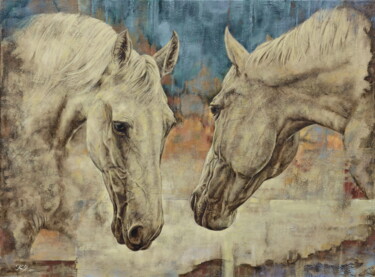 Painting titled "Two horses" by Sergey Kuzmin, Original Artwork, Oil Mounted on Wood Stretcher frame
