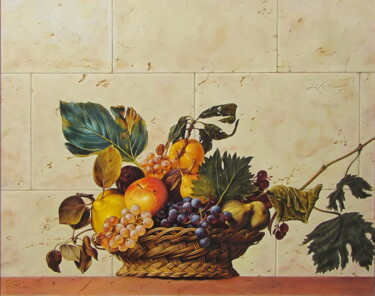 Painting titled "Basket of fruit. Ca…" by Sergey Kuzmin, Original Artwork, Oil Mounted on Other rigid panel