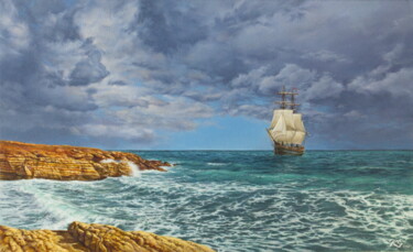 Painting titled "Deep Blue Sea" by Sergey Kuzmin, Original Artwork, Oil Mounted on Wood Stretcher frame