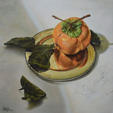 Painting titled "Persimmon still lif…" by Sergey Kuzmin, Original Artwork, Oil Mounted on Wood Stretcher frame