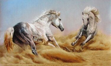 Painting titled "Arabian horses" by Sergey Kuzmin, Original Artwork, Oil Mounted on Other rigid panel