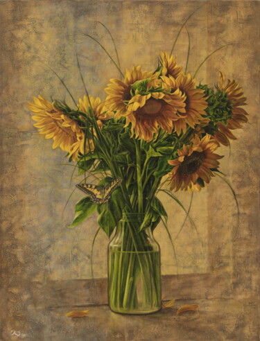 Painting titled "Sunflowers" by Sergey Kuzmin, Original Artwork, Oil Mounted on Wood Stretcher frame