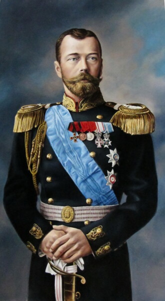 Painting titled "Emperor Nicholas II" by Sergey Kuzmin, Original Artwork, Oil Mounted on Other rigid panel