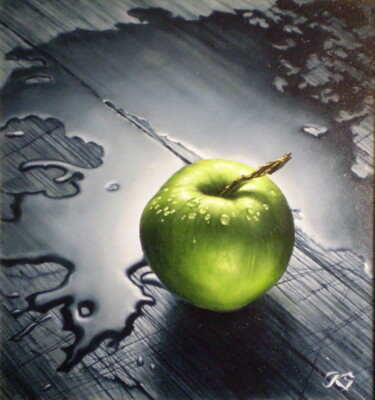 Painting titled "Apple" by Sergey Kuzmin, Original Artwork, Oil Mounted on Other rigid panel