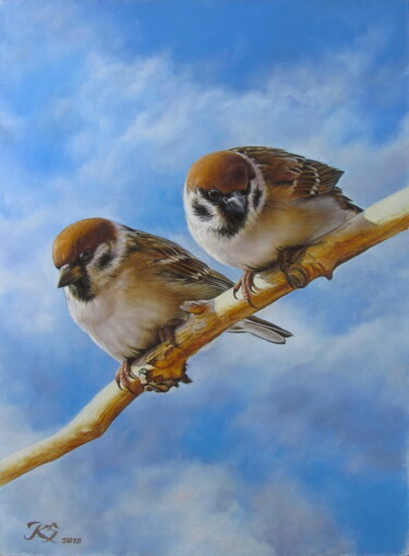 Painting titled "Sparrows" by Sergey Kuzmin, Original Artwork, Oil
