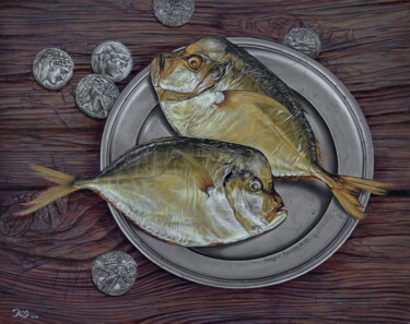 Painting titled "Moonfish (Vomer)" by Sergey Kuzmin, Original Artwork, Oil Mounted on Wood Stretcher frame